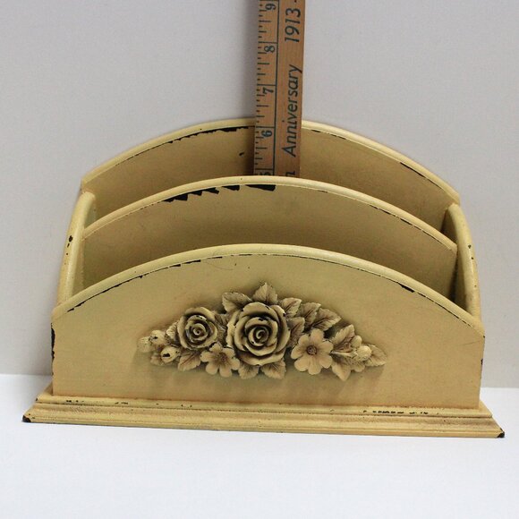 Yellow Shabby Chic 2 Slot Wooden Letter Card Holder With Flower Decoration - Picture 9 of 11